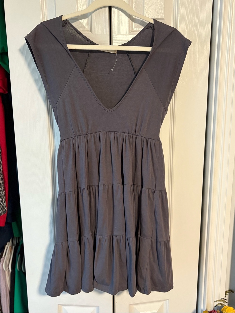 Altar'd State Slate Gray V-Neck Tiered Mini Dress